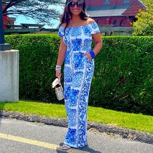 Blue and white off the shoulder jumpsuit